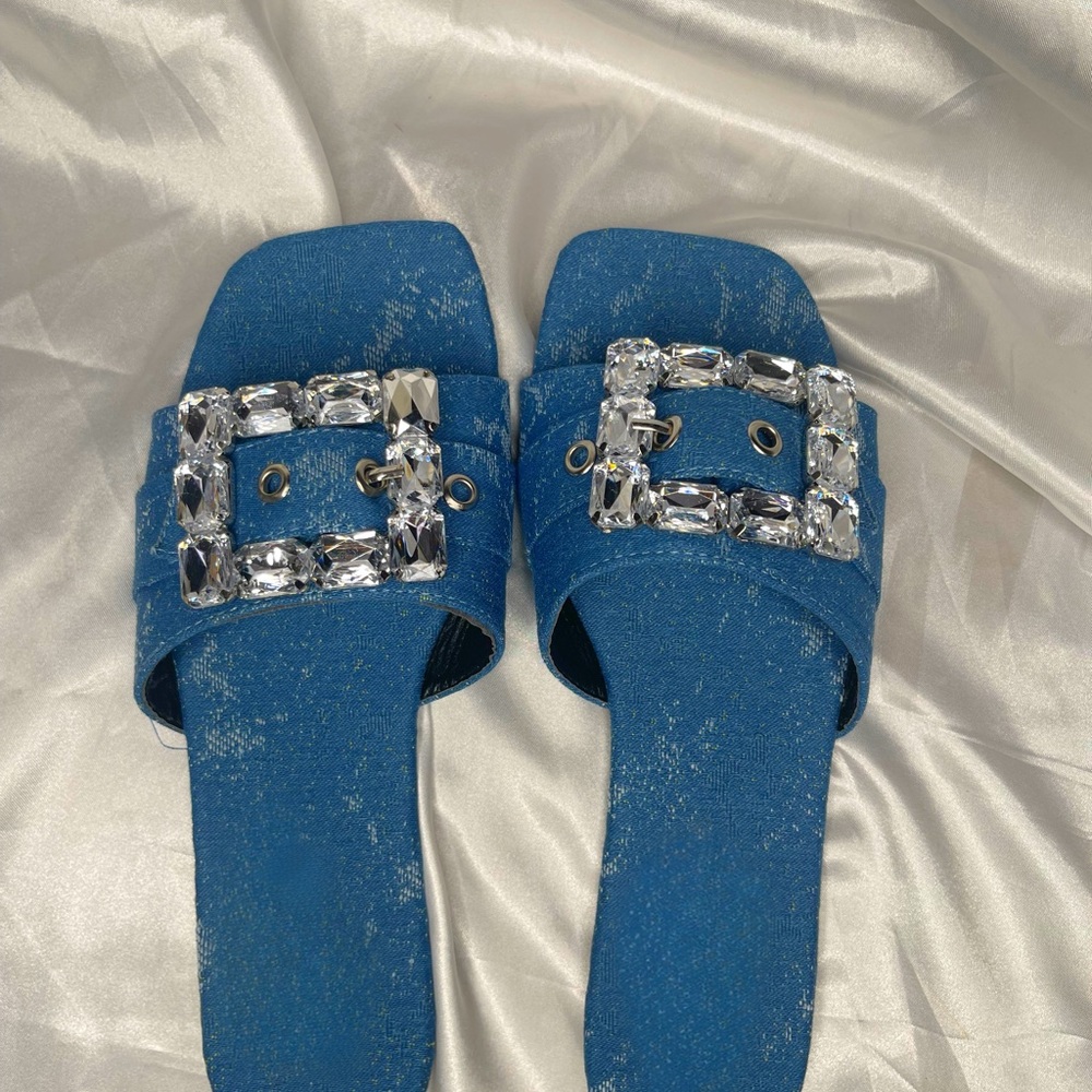 Elegant Denim Blue Women's Slide Sandals with Crystal Embellishments